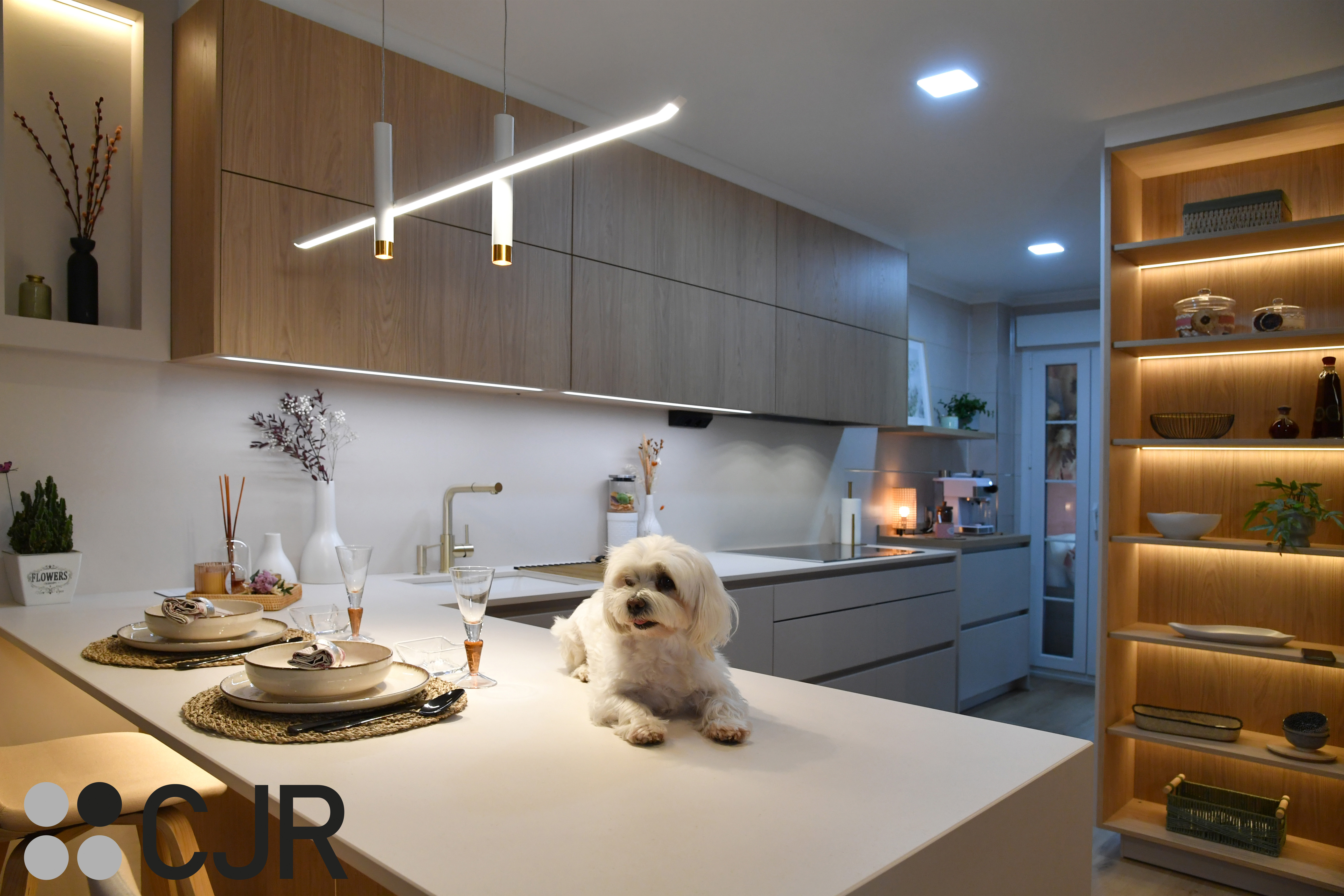 Cocina nórdica cashmere y madera con barra abierta al salón Cocinas CJR