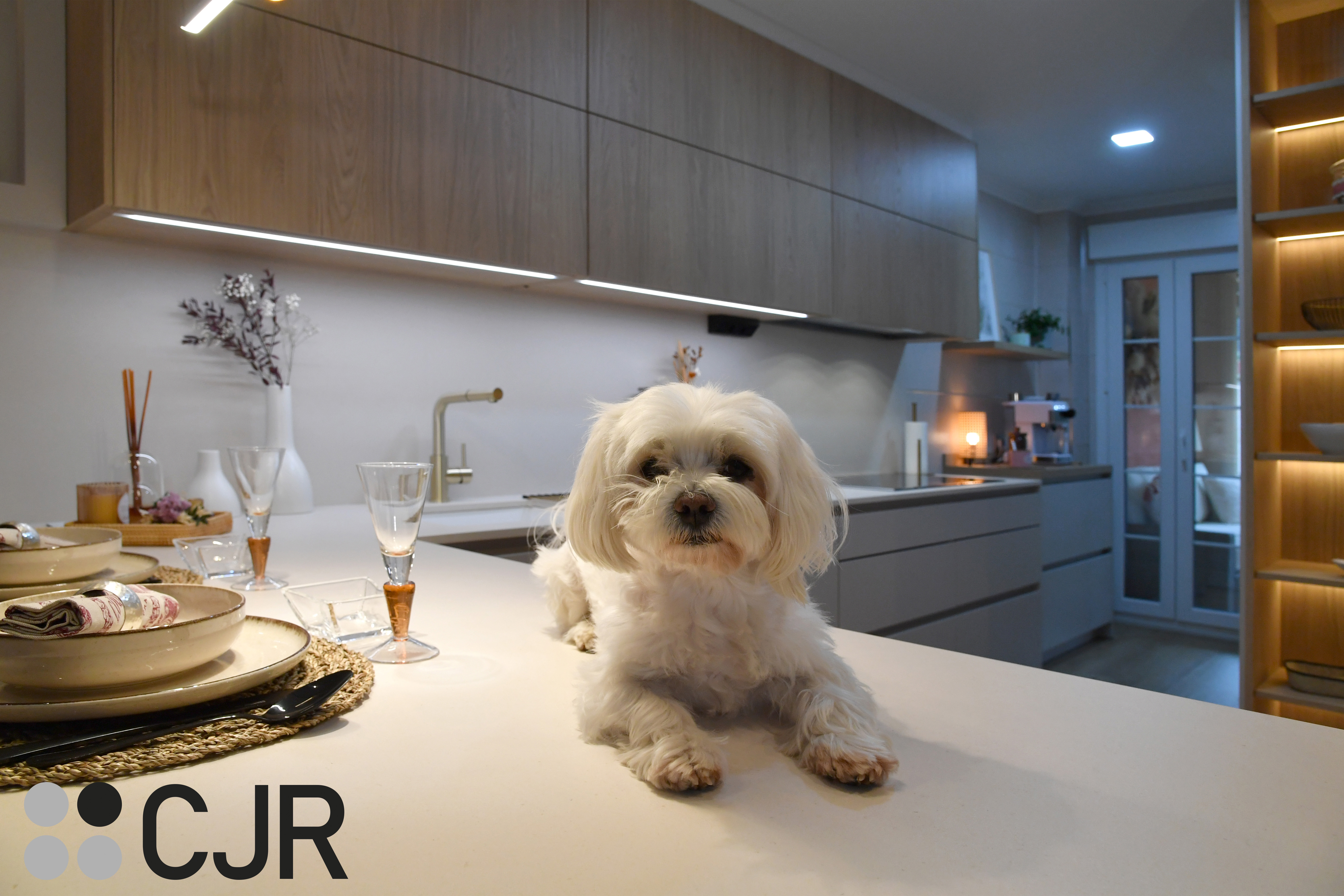 Cocina nórdica cashmere y madera con barra abierta al salón Cocinas CJR