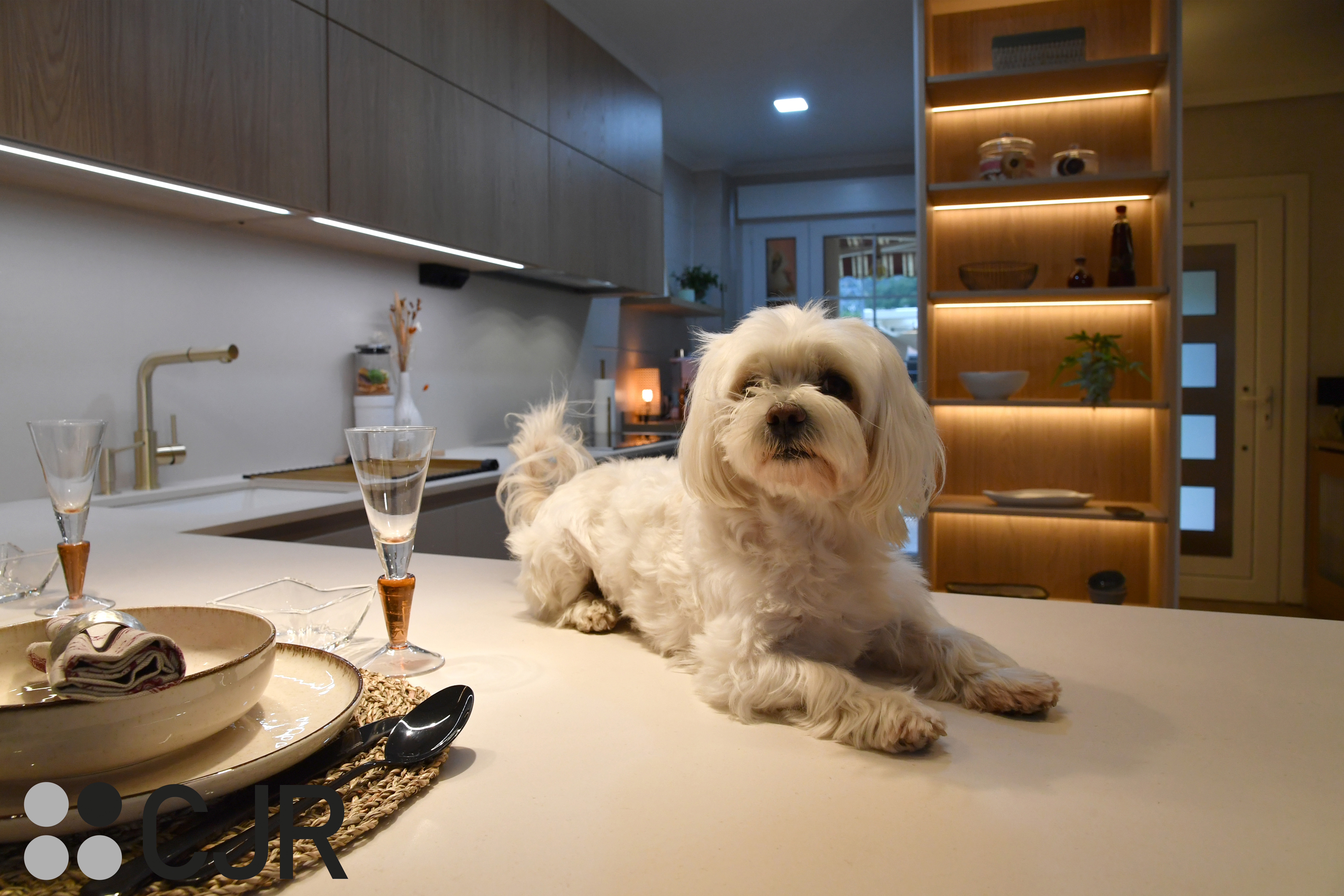 Cocina nórdica cashmere y madera con barra abierta al salón Cocinas CJR